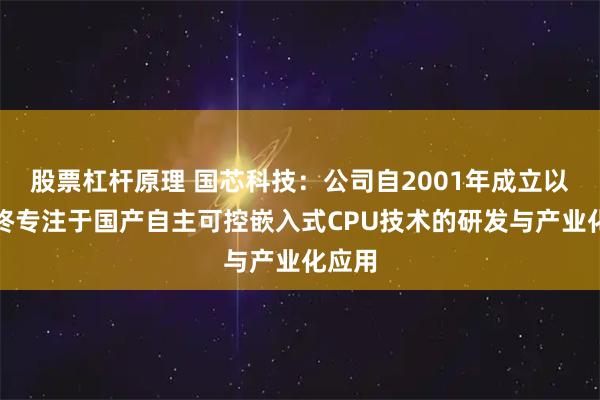股票杠杆原理 国芯科技：公司自2001年成立以来始终专注于国产自主可控嵌入式CPU技术的研发与产业化应用